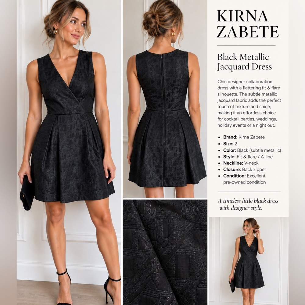 Kirna Zabete Black Metallic Jacquard Fit & Flare Dress Size 2